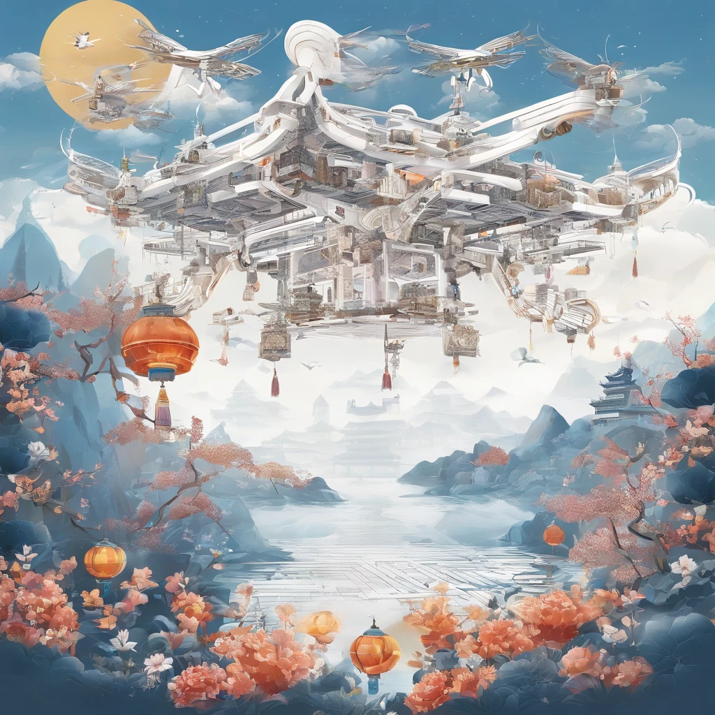 (White background:1.4),(Boy wears VR,Control the drone to fly,AR drawing cartoon characters,Take pictures to record it。Oriental elements),(Chinese illustration:1.3,paper art:1.3, Quilted paper art:1.2),( reasonable design, Clear lines, High sharpness,Best quality, Very detailed, Masterpiece, movie light effect, 4K )