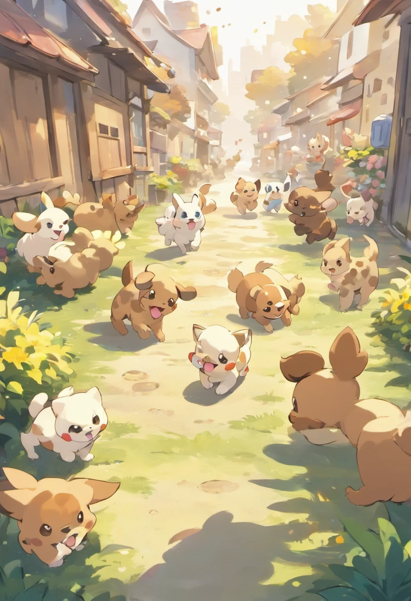 A bustling cityscape with a small house in the corner, the five puppies playing in the yard, the four brown-furred puppies chasing each other, and Jiro, the white and brown spotted pup, standing out from the crowd with his unique fur.