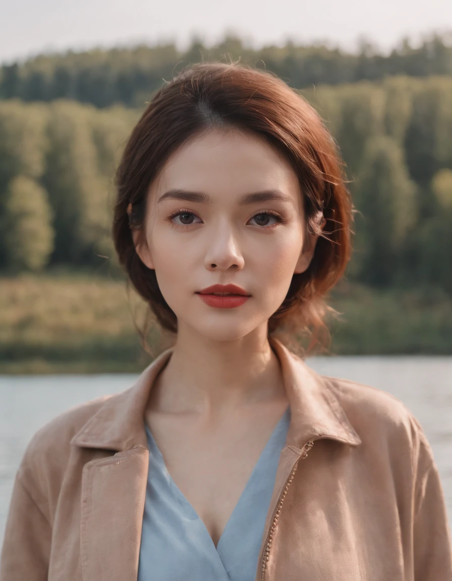 woman standing by a lake in tan jacket, in the style of realistic, emotive portraits, gongbi, light red and blue, uhd image, y2k aesthetic, retro glamor, stockphoto