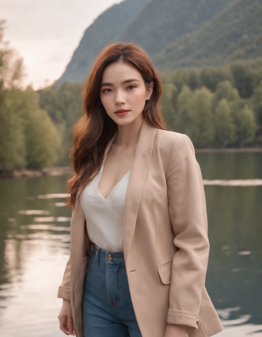 woman standing by a lake in tan jacket, in the style of realistic, emotive portraits, gongbi, light red and blue, uhd image, y2k aesthetic, retro glamor, stockphoto