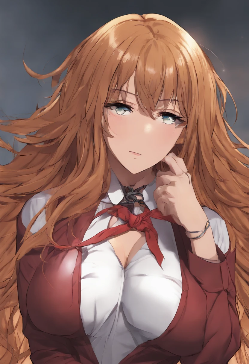 (2d) (manga) 1_Hot woman, long hair, giant breasts, crying aggressively, screaming desperately, tied up, wearing a shock collar, hands tied together, sticking a big penis in her vagina, hentai +18