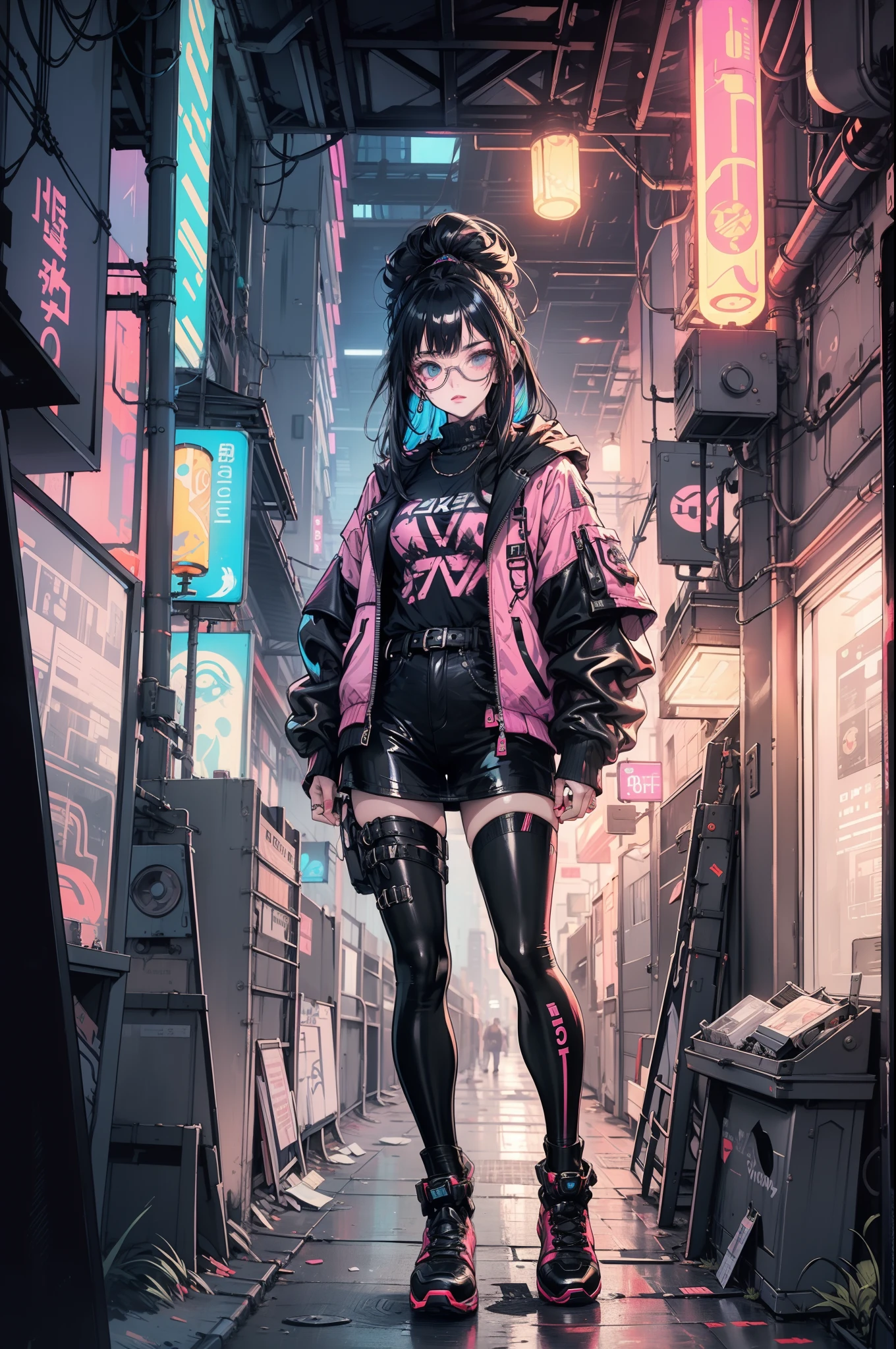 1girll ,Masterpiece, Best quality, Ultra-detailed, illustration, Cyberpunk rebel hackers
style: Futuristic city
quality: Sharp and dynamic, Depict a character: A tech-savvy character
illuminating: Neon city lights reflect her cybernetic enhancements
shading: The bold contrasts emphasize her confident and bold nature
clothing: High-tech tights leather jacket, Augmented reality glasses
background: Grit back alleys filled with holographic graffiti and neon signs