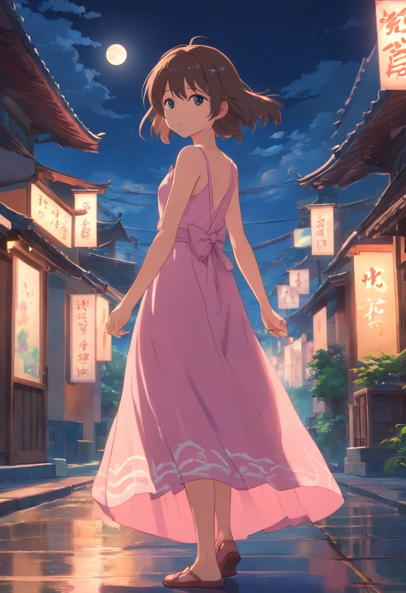 the night,full moon, girl in a long dress holding a little rabbit hairpin in one hand,Outside a group of Chinese buildings, holding one dressed in pink,A little bunny wearing a scalloped bow hairpin, dreamy glow,unreal render,reasonable design, high detal, Masterpiece, Best quality, hyper HD, Cinematic lighting