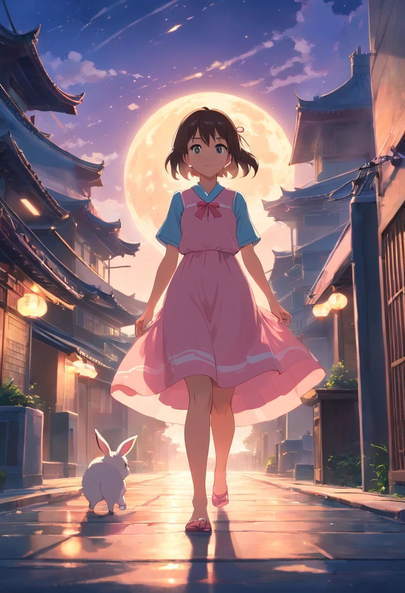 the night，full moon， girl in a long dress holding a little rabbit hairpin in one hand，Outside a group of Chinese buildings, holding one dressed in pink，A little bunny wearing a scalloped bow hairpin， dreamy glow，unreal render,reasonable design, high detal, Masterpiece, Best quality, hyper HD, Cinematic lighting