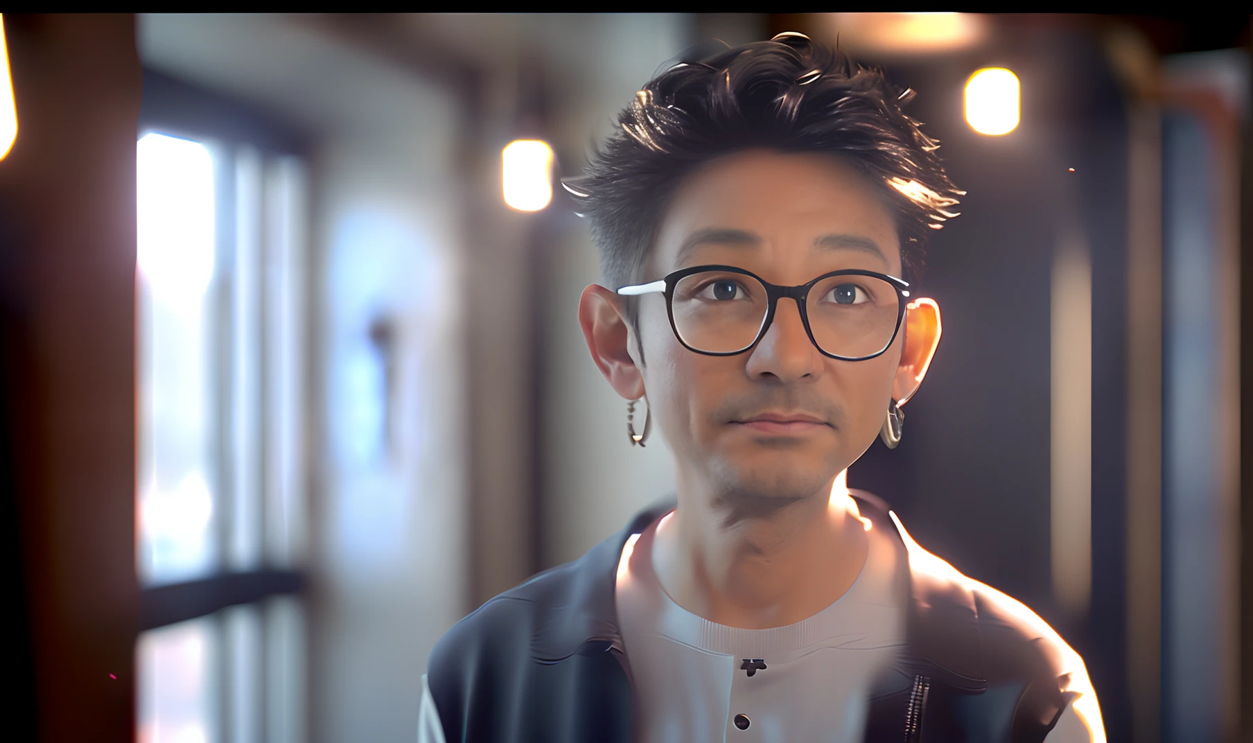 There was a middle-aged man with glasses and a white shirt, Personagem pequeno. Unreal Engine 5, Rendu portrait 8k, No earrings,akihiko yoshida. illusory engine, Realistic anime 3 D style, 3d character realistic, Render in Unreal Engine 5, Guviz-style artwork, Photorealistic art style, unreal engine character art, cinematic realistic portrait,inside in room,The lighting is gentle