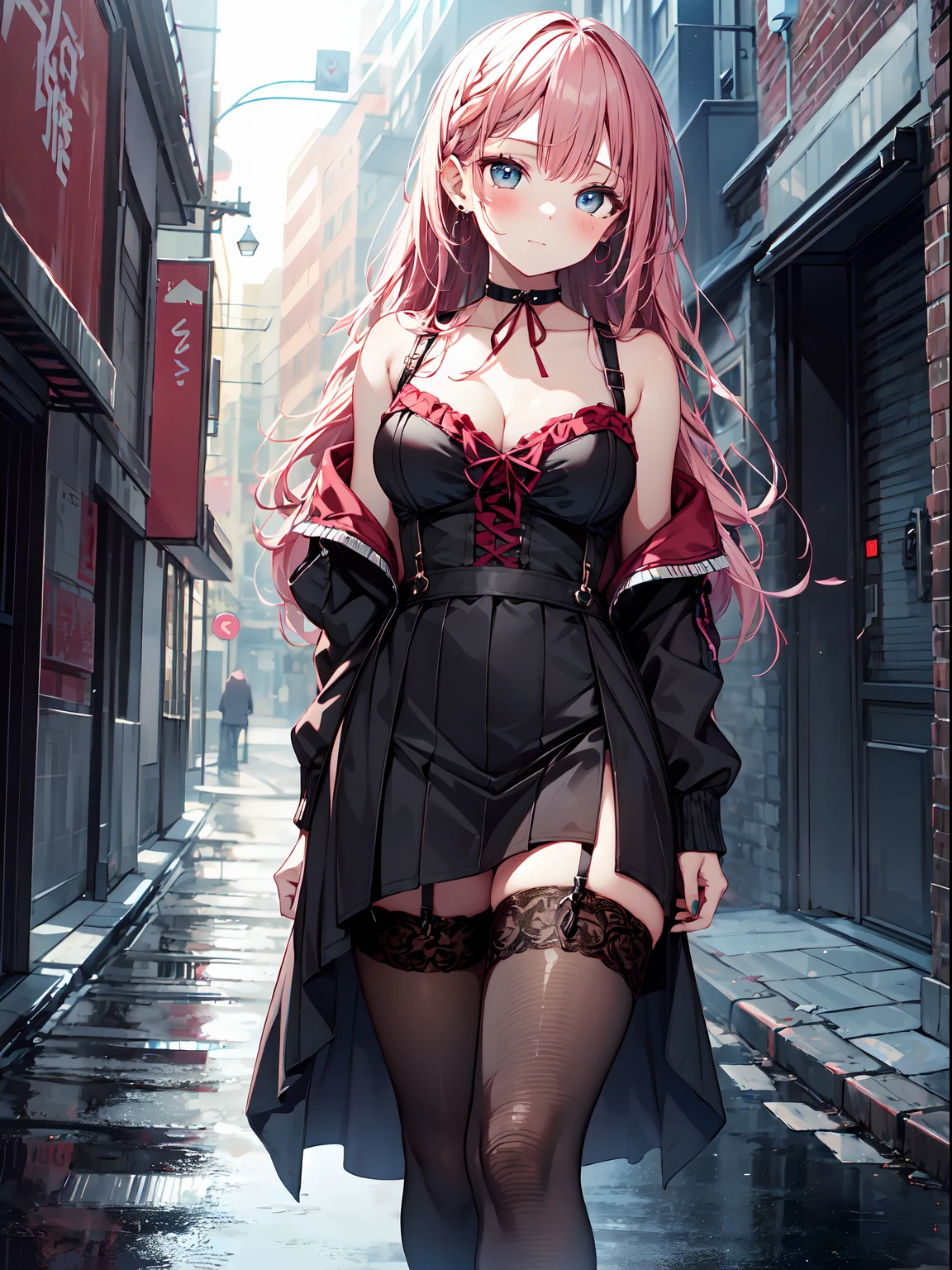 ((masterpiece)), ((Best Quality)), (ultra-detailed), ((extremely detailed)), 4K, (8K), best quality, top-quality, anime style,1girl, solo, The most detailed skin, (thick lines:1.2), Chiffon blouse, velour suspender skirt, glimpse of lace underskirt, fishnet tights, ankle boots, velvet ribbon choker, long earrings with multiple piercings, //, Stunned expression, Girl with troubled face, Ecstasy, (sexual expression), smile, blush, Red face, //, large breasts, //, Side braid style, Burgundy hair color, (beautiful eyes), pink-skinned, //, Alleyway after the rain, reflections of neon lights on the wet ground, dim buildings in between, nsfw
