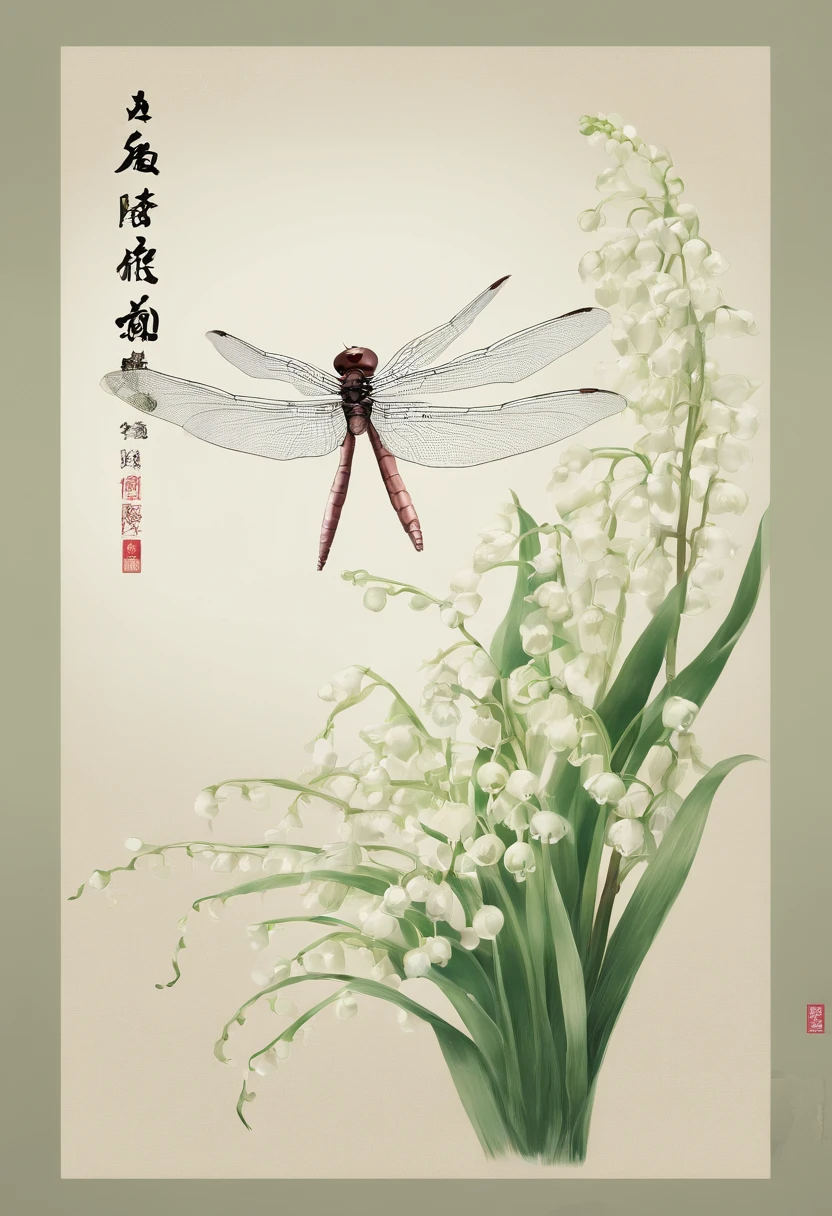 Lixia，Traditional Chinese solar terms，(((Lily of the valley)))，National style，Ink wind，solid color backdrop，(((dragonfly)))，waterface，Landscape view，Ink wind，(((solid color backdrop)))