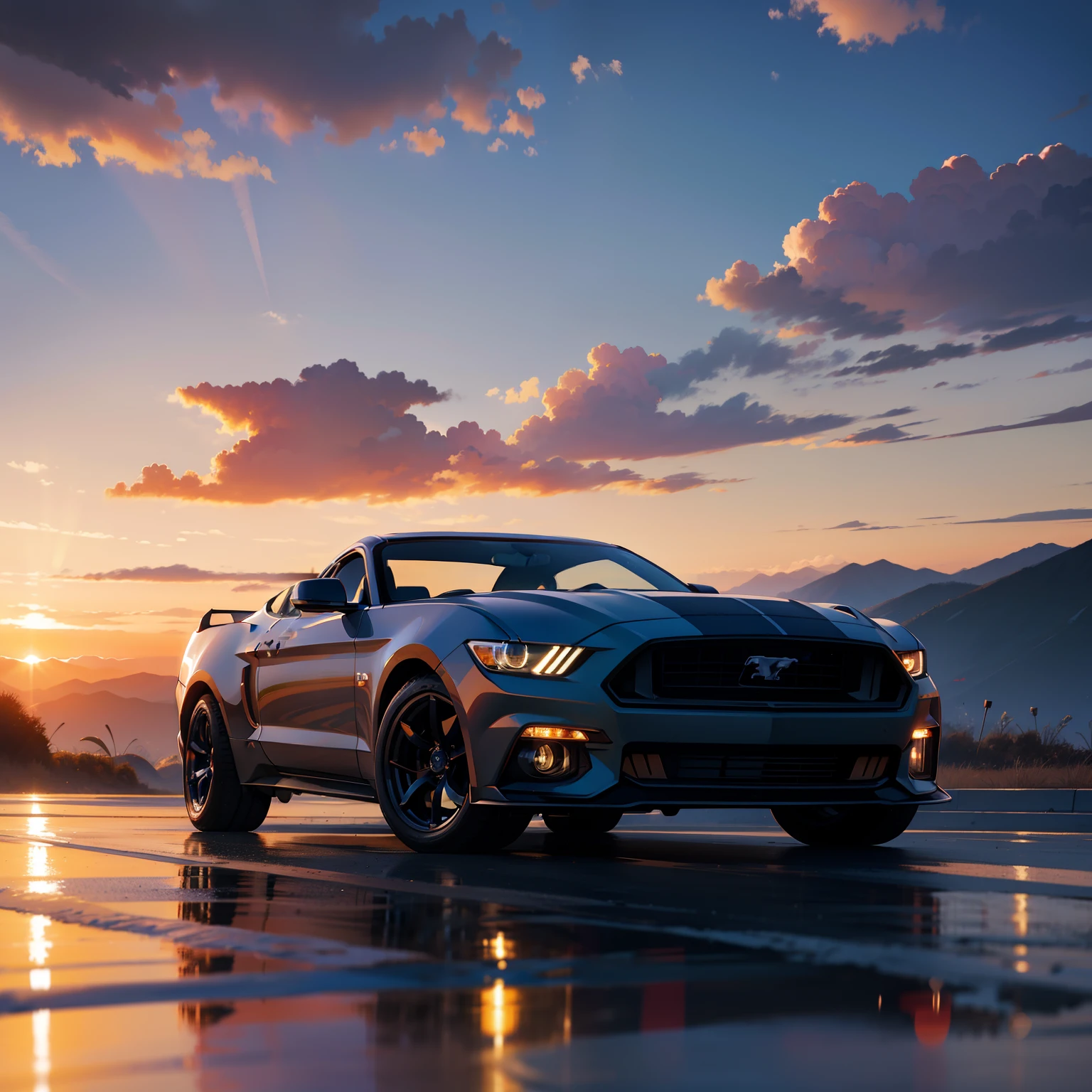 Mustang muscle car, sunset, dessert, beautiful scenery, 8k, masterpiece