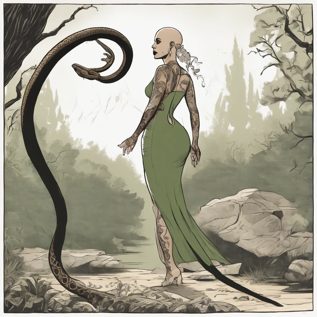 (comic art style), sketch of a silhouette of a woman, medusa, bald, hairless, snakes on head, lower body snake tail, snake woman hybrid, rear view, full length, snake dress, sketchbook, dark, gritty, realistic sketch, rough sketch, mix of dark bold lines and loose lines, hand drawn sketch, pen and ink line illustration, candid, ((art style "Sean Gordon Murphy" comic drawing, splash panel)), full body portrait, (body, Naga, snakefolk, lower body snake tail, snake woman hybrid, bald, hairless, skeleton, body drawn in Frederic Delavier musculature anatomical illustration art style, snake skin tattoos, piercing eyes, snake pupils), snake skin dress, ((colors, forest green to earth brown, merge bleak muted deep fiery radiant glowing ROYGBIV:1.1)),