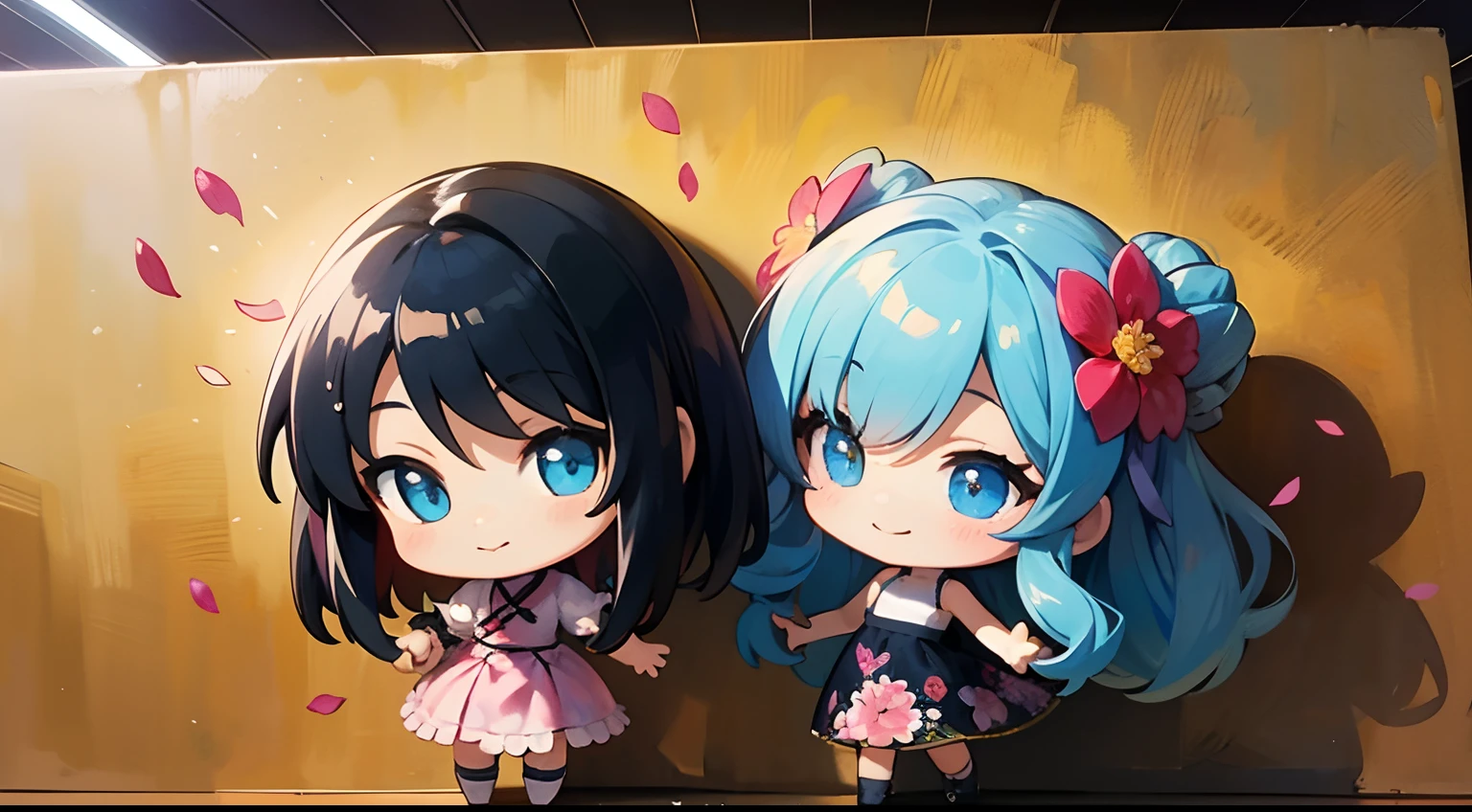 photoRealstic、Two dolls standing in front of the painting（nendroid）、A smile、Water droplets on the cheeks、Two people put their hands together in a cute pose to make a heart、watercolor Nendoroid、(High Definition Figure)、Flowing iridescent silk、up of face、Eye Up、Colorcon with heart pattern、Floral dress、There are also flowers in front of the nendroids、flower petals、season!!: 夏天☀ 🍂