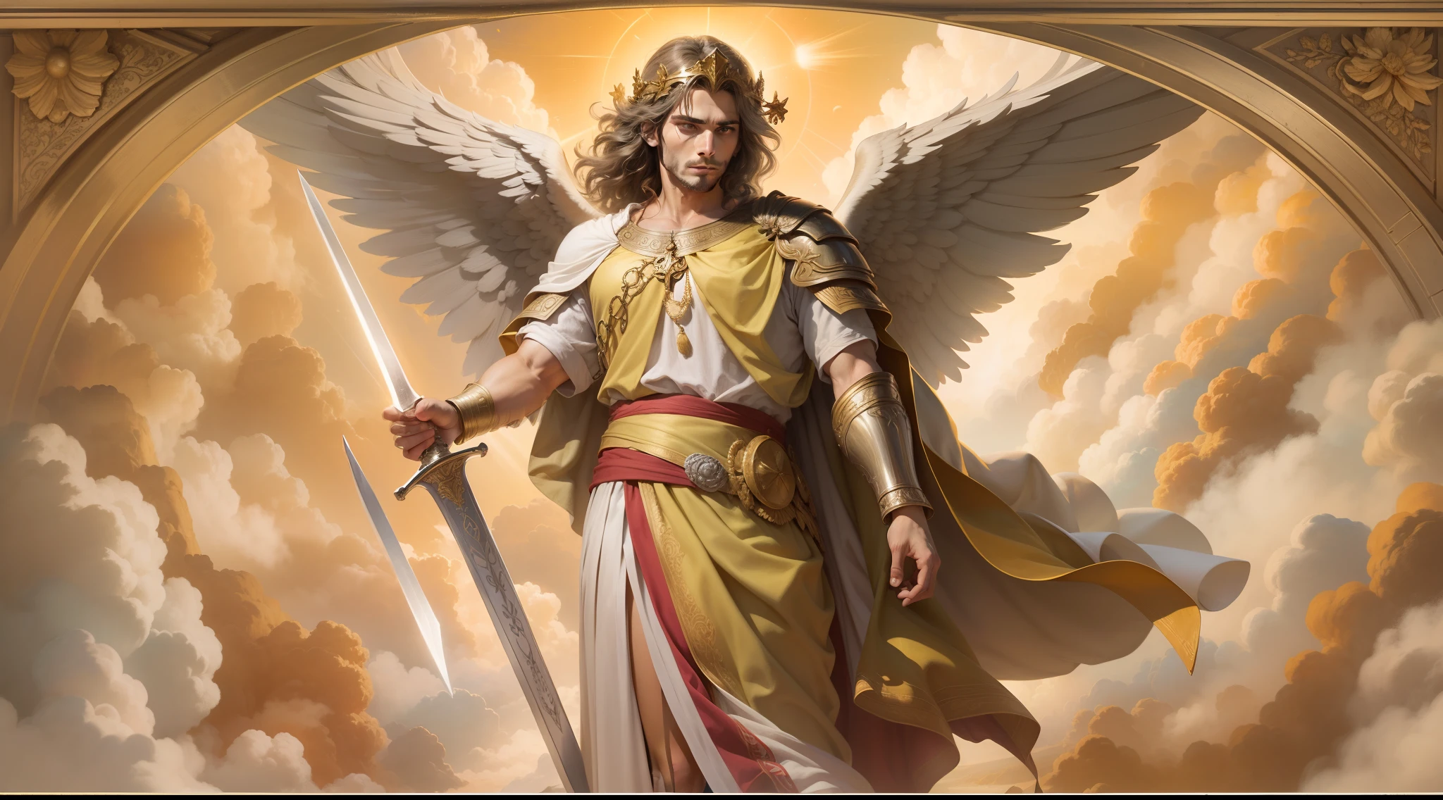 Closeup of an image a man angel with a large and long sword with attack position in right hand, in the other left hand holding a scale, Angel dressed as a Roman soldier looking at the ground, arcanjo homem com asas grandes, o anjo da fortuna, perfeito, Reslistic, Biblical setting, Biblical Paradise Setting, sol e nuvens ultras realistas, flores e velas, illuminated archangel of heaven, flores coloridas, velas acesas, roupas brancas e vermelhas