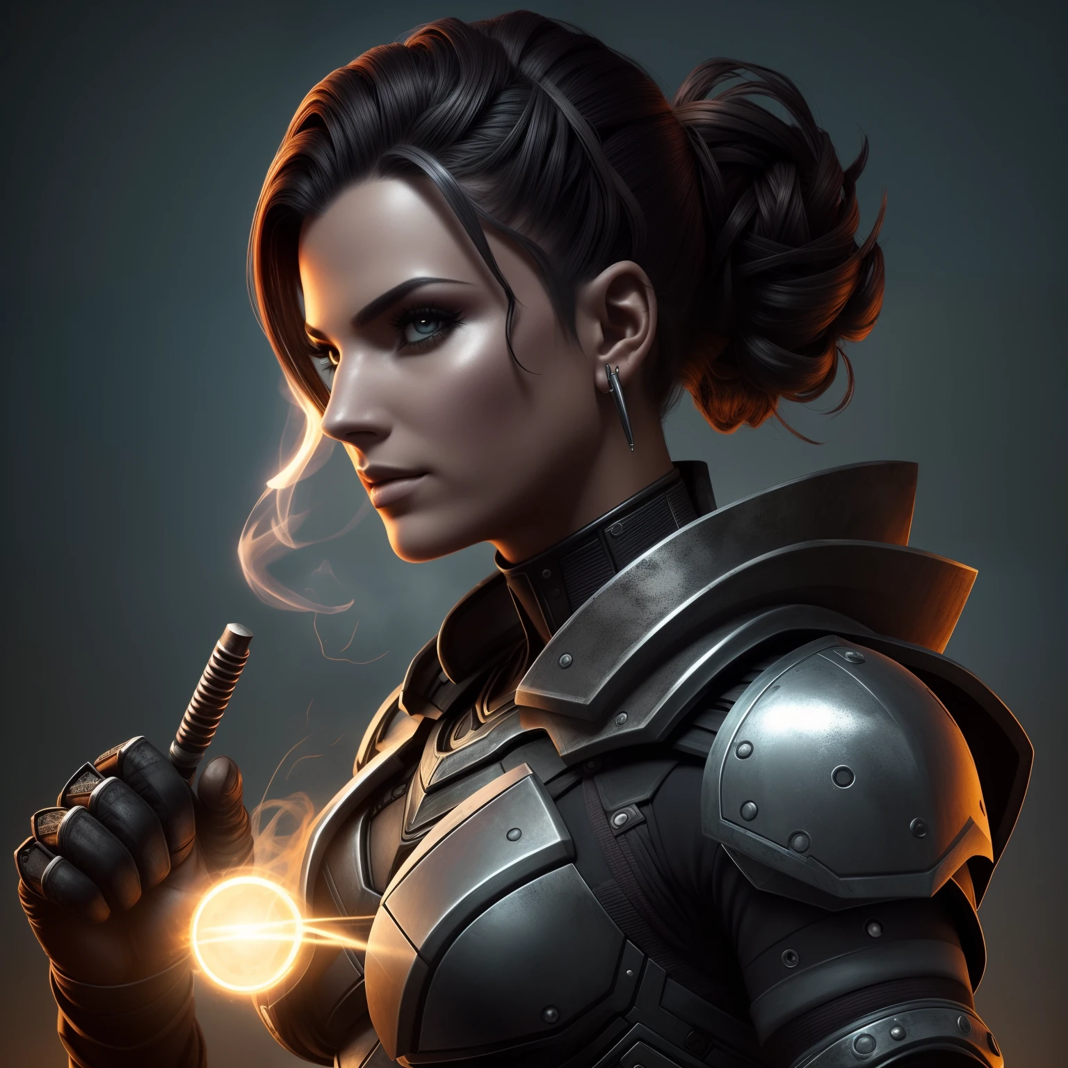 Beautiful cyborg warrior woman in rusty magic style, aumento cyberpunk, Cyber Software, ciborgue, fibras de carbono, cromar, Implantes, metal skull, Cyber Plate Armadura, (atmosfera escura:1.2), (nevoeiro & smoke billowing), (It's dark night:1.3), As cicatrizes, (medium length shaggy dark hair:1.1), (sombras para os olhos:1.1), (brilho lindamente detalhado:1.2), (Cinematic lighting), detalhes intrincados, A high resolution, olhos arredondados, detailed facial features, foco nítido, liso, aesthetic, Fundo escuro detalhado da planta industrial, pose estilosa, dynamicposes, (dramapaint)
