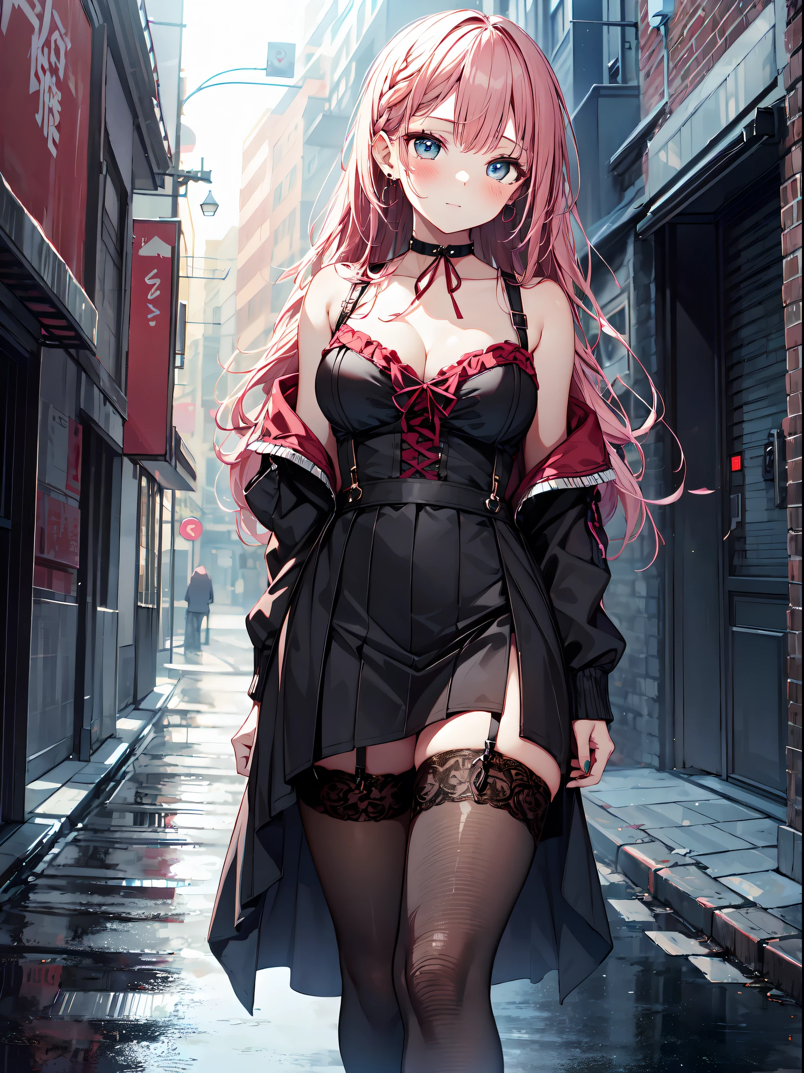((masterpiece)), ((Best Quality)), (ultra-detailed), ((extremely detailed)), 4K, (8K), best quality, top-quality, anime style,1girl, solo, The most detailed skin, (thick lines:1.2), Chiffon blouse, velour suspender skirt, glimpse of lace underskirt, fishnet tights, ankle boots, velvet ribbon choker, long earrings with multiple piercings, //, Stunned expression, Girl with troubled face, Ecstasy, (sexual expression), smile, blush, Red face, //, large breasts, //, Side braid style, Burgundy hair color, (beautiful eyes), pink-skinned, //, Alleyway after the rain, reflections of neon lights on the wet ground, dim buildings in between, nsfw