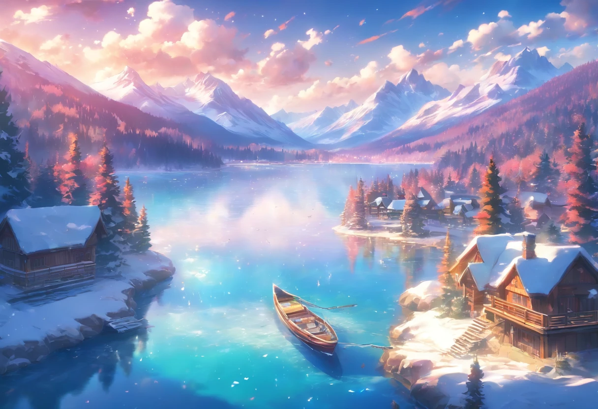 a lake with a boat in it surrounded by snow, a tilt shift photo by Raymond Normand, shutterstock, fine art, icy lake setting, frozen lake, winter lake setting, banff national park, ryan dyar, ice snowy lake setting, icy, beautiful lake, canada, cold but beautiful, an amazing landscape image, 1 2 9 7, incredibly beautiful