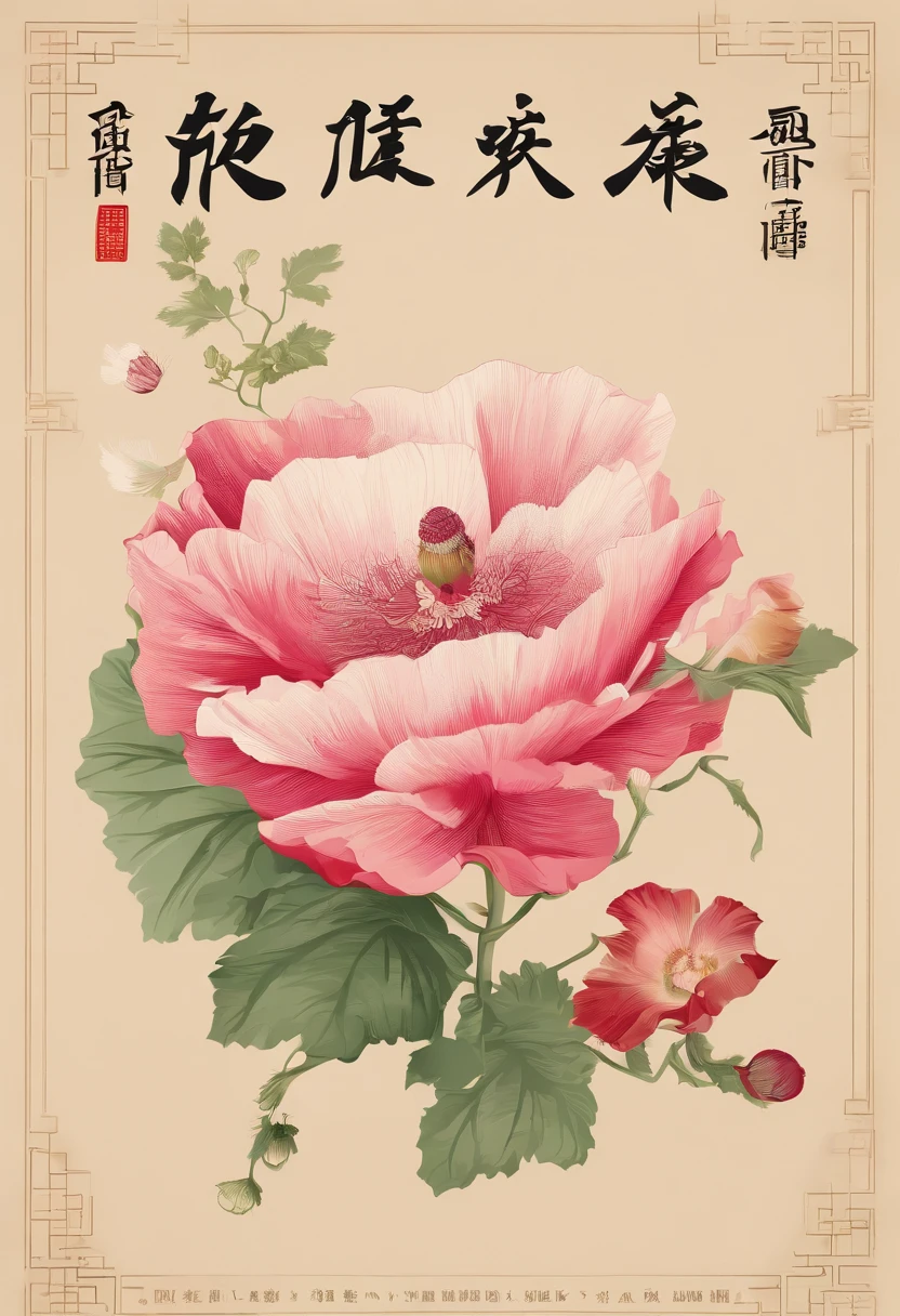 Summer solstice,Traditional Chinese solar terms,(((hollyhock))),National style,Ink wind,solid color backdrop,(((cicada))),Landscape view,Ink wind,solid color backdrop