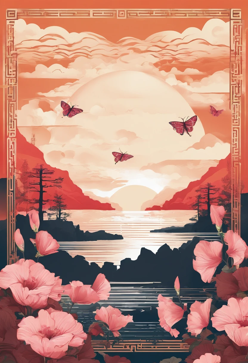 Summer solstice，Traditional Chinese solar terms，(((hollyhock)))，National style，Ink wind，solid color backdrop，(((cicada)))，Landscape view，Ink wind，solid color backdrop