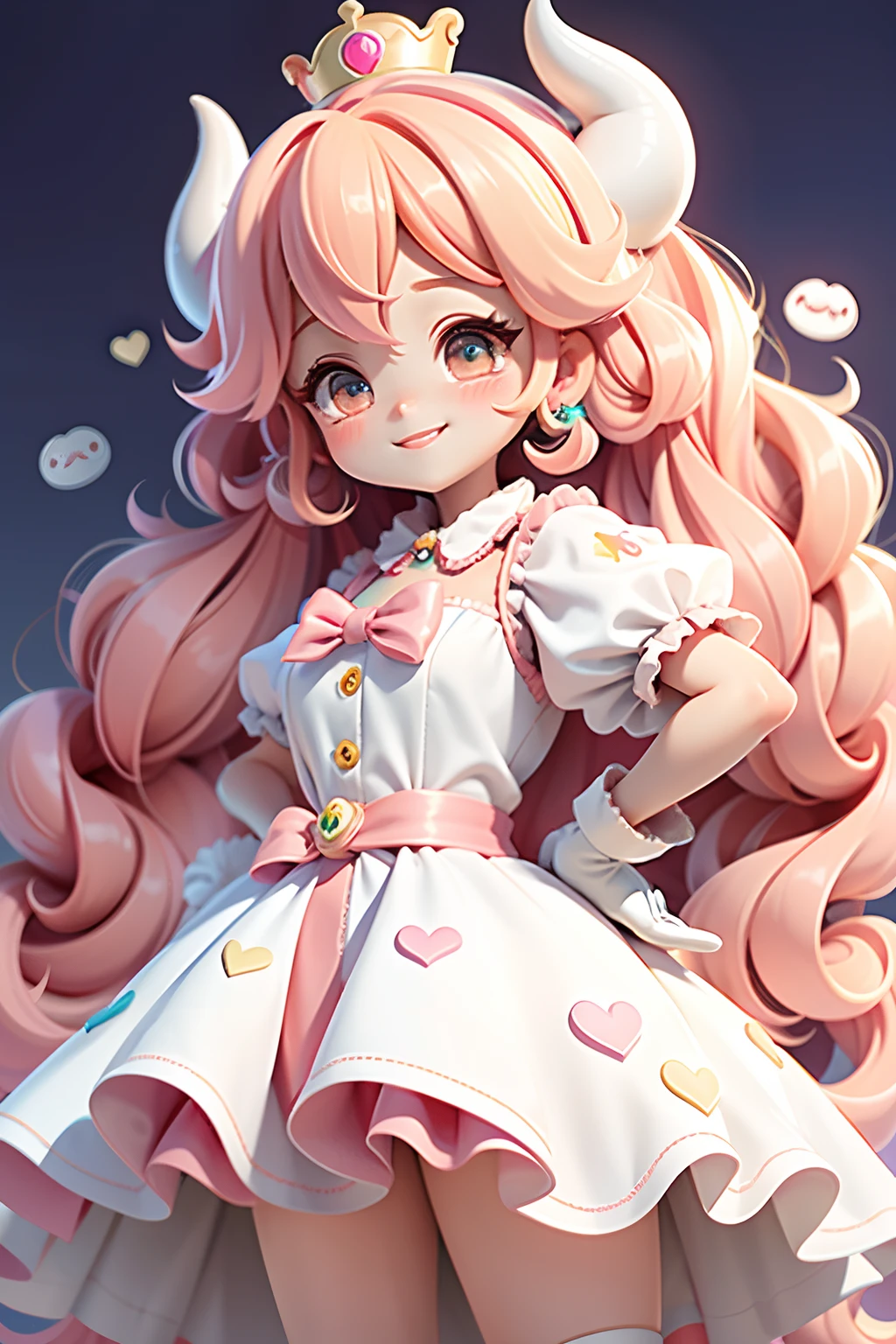  Anime girl(princess peach), wearing white gloves, colorful dress, cute happy smile face, blushing, cute big horn, cute uwu face, long colorful hair, with feather design, party spray pain background, colorful paint dress, cabelo mesclado, preso, modern accessories , olhos delicados e detalhados, sorriso delicado e detalhados, opalescente, Perolescente, Holographic, fundo escuro