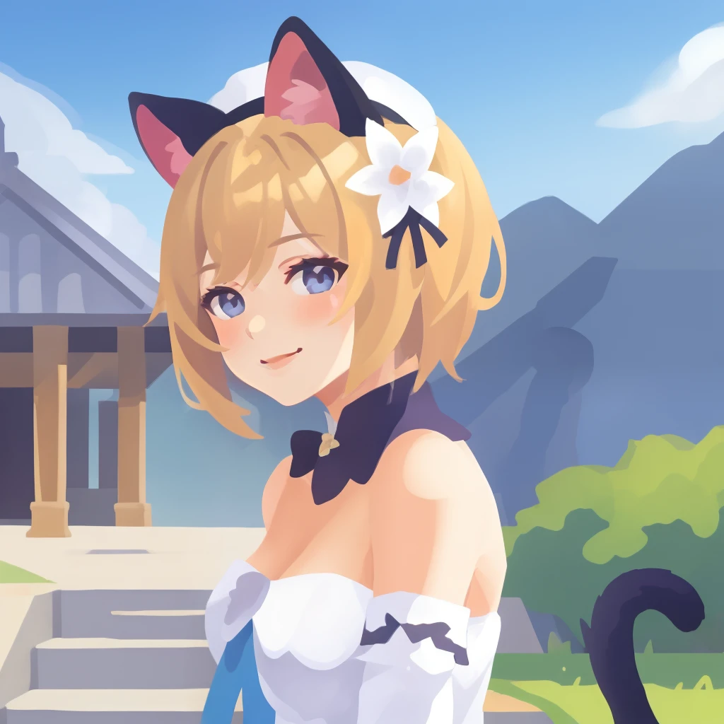 barbararnd, animal ears, fcat ears, cat girl, cat tail, hair flower, hair ornament, , short hair, tail, coloredic0n icon,upper body, smile, blush, outdoors, day, simple background, blue sky, short hair, sky, temple, looking at viewer, stairs, mountain, moody lighting, facing viewer,