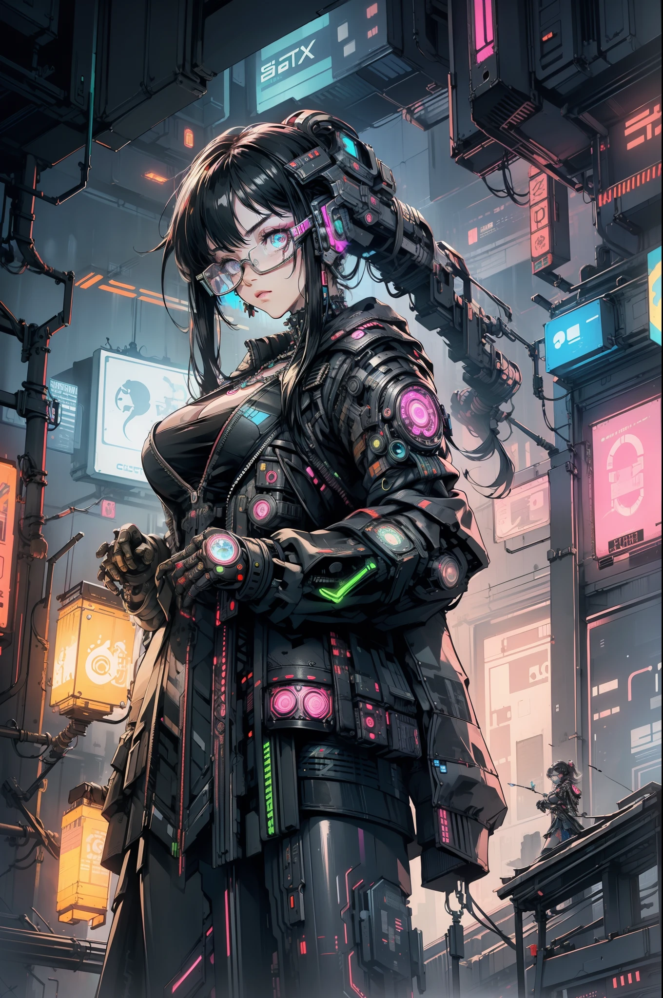 1girl, close-up, intricate details, (cyberpunk:1.4), mechanical arms, eyeglasses, messy hair, (glowing neon armor:1.2), machinery, black background