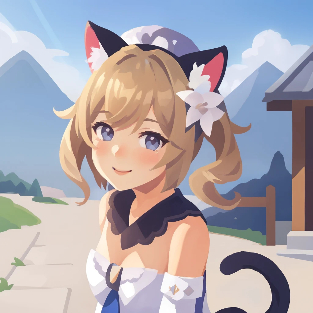 barbararnd, animal ears, fcat ears, cat girl, cat tail, hair flower, hair ornament, , short hair, tail, coloredic0n icon,upper body, smile, blush, outdoors, day, simple background, blue sky, short hair, sky, temple, looking at viewer, stairs, mountain, moody lighting, facing viewer,