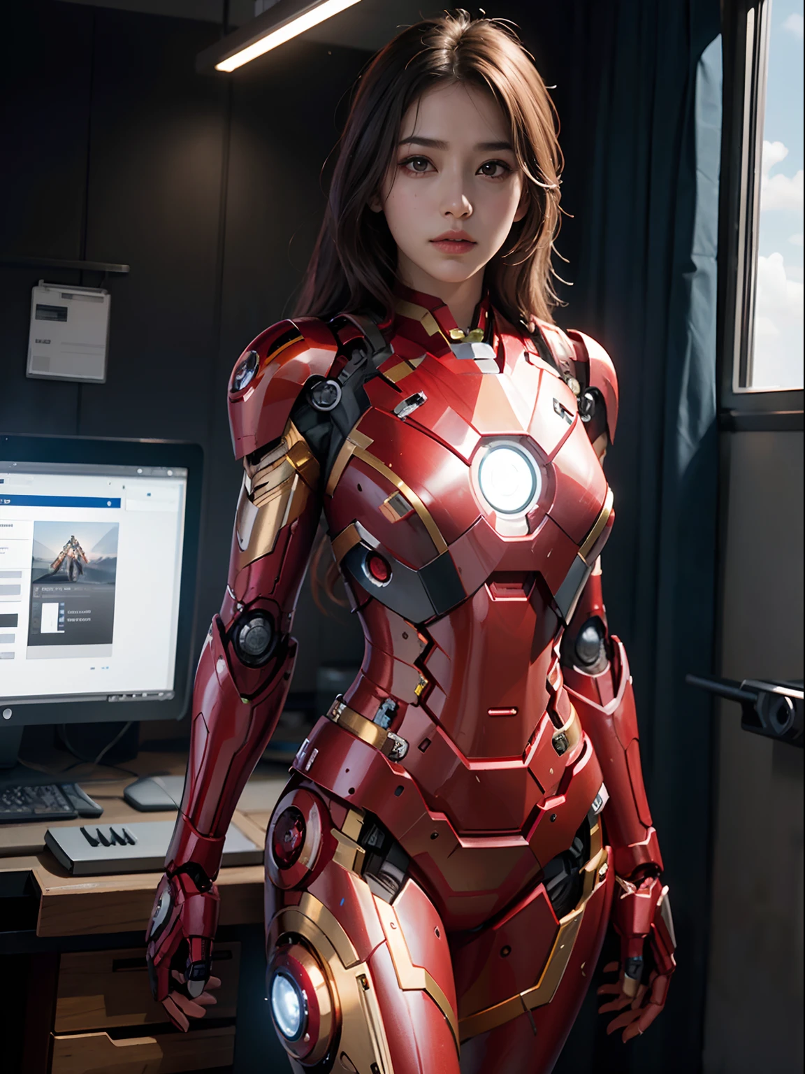 Textured skin, Super Detail, high details, High quality, Best Quality, hight resolution, 1080p, hard disk, Beauty She wears a futuristic Ironman mecha Iron Man