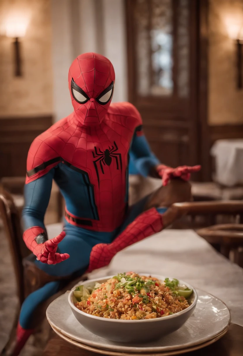 Cinematographer, ultra realista, Ropa detallada, Bellamente detallado, UHD, HDR, Altas Resoluciones, ultra detallado, Detalles intrincados, Efectos texturales, absurdos, obra maestra, 8k:1.2. En esta imagen, vemos a Spider-Man en un inusual descanso de sus actividades heroicas. He's standing in a chic Asian restaurant in his iconic costume.....
Spider-Man holds a bowl of fried Chinese rice combined with oriental sautéed noodle in his hands deftly., usando unos elegantes palillos chinos para llevar un bocado a su boca. The plate is full of fried rice, salteado. The restaurant is decorated with traditional Chinese elements, como linternas rojas colgando del techo y dragones dorados esculpidos en las paredes. The dim light of the lanterns creates a warm and welcoming atmosphere in the place.