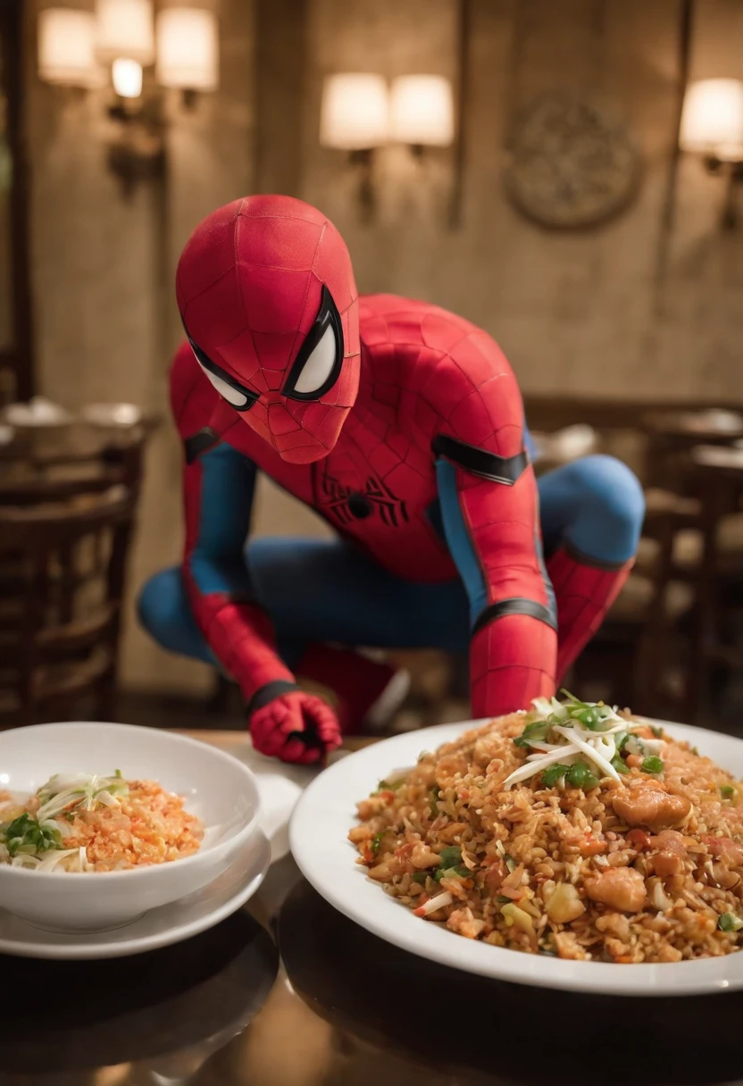 Cinematographer, ultra realista, Ropa detallada, Bellamente detallado, UHD, HDR, Altas Resoluciones, ultra detallado, Detalles intrincados, Efectos texturales, absurdos, obra maestra, 8k:1.2. En esta imagen, vemos a Spider-Man en un inusual descanso de sus actividades heroicas. He's standing in a chic Asian restaurant in his iconic costume.....
Spider-Man holds a bowl of fried Chinese rice combined with oriental sautéed noodle in his hands deftly., usando unos elegantes palillos chinos para llevar un bocado a su boca. The plate is full of fried rice, salteado. The restaurant is decorated with traditional Chinese elements, como linternas rojas colgando del techo y dragones dorados esculpidos en las paredes. The dim light of the lanterns creates a warm and welcoming atmosphere in the place.