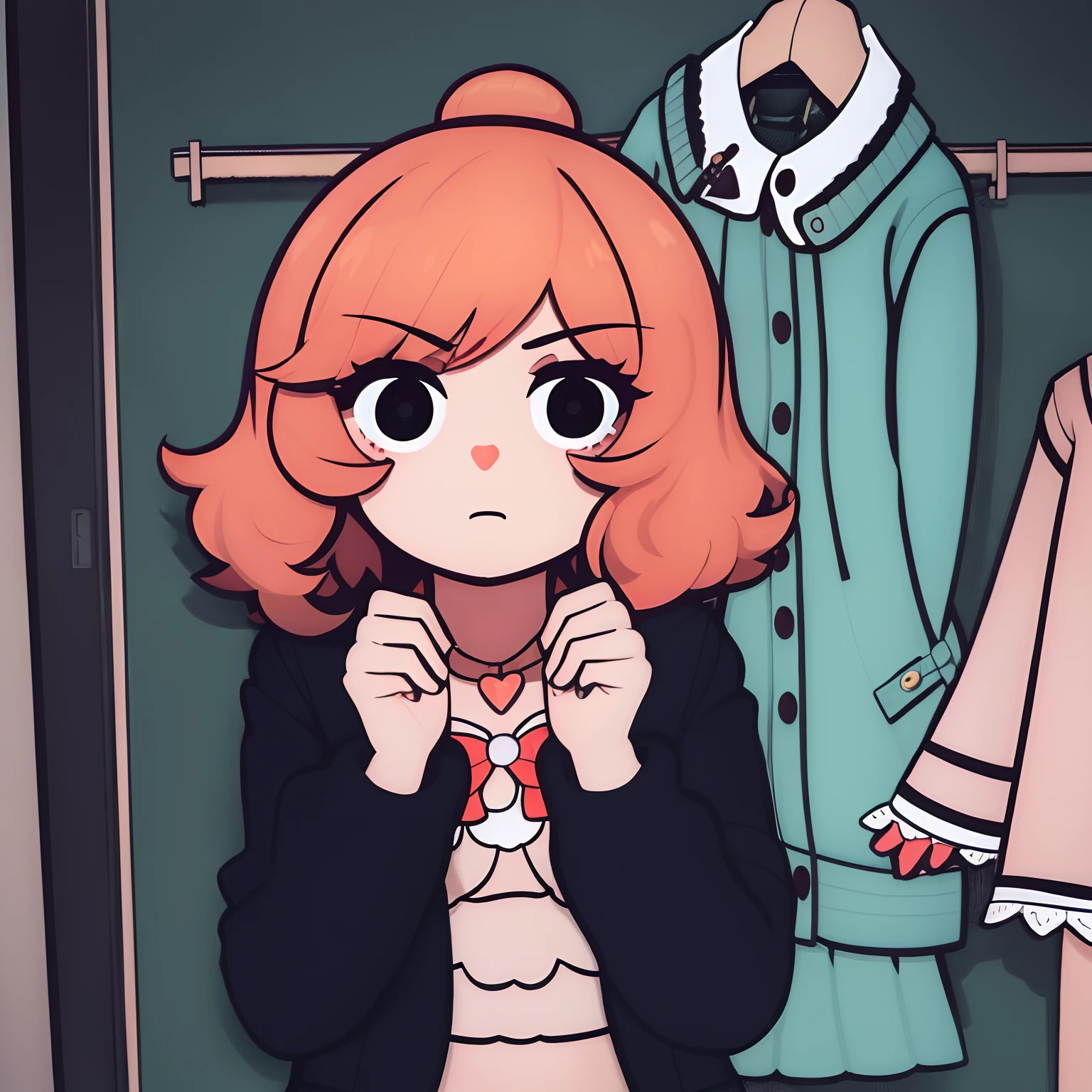 1 girl, Their hands make a heart-shaped pose, Ruboroso, Kimpine, chaqueta, falda, pelirrojo, simple room, pelo corto, Pedazos, todo el cuerpo