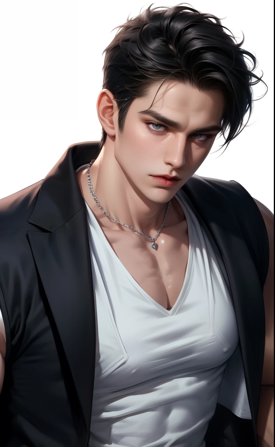 (masterpiece,bestquality,ultra_Detailed,highres,Absurd),1 male, 30-ish, (Wide shoulders), (muscular), male focus, bara, Dark black blue hair, chains, Jacket,simple background, grey eyes, Upper body, vest, Short Hair Hair, looking at the audience, Stationary face, t-shirt, White shirt, White background, White Vest, jewelry.