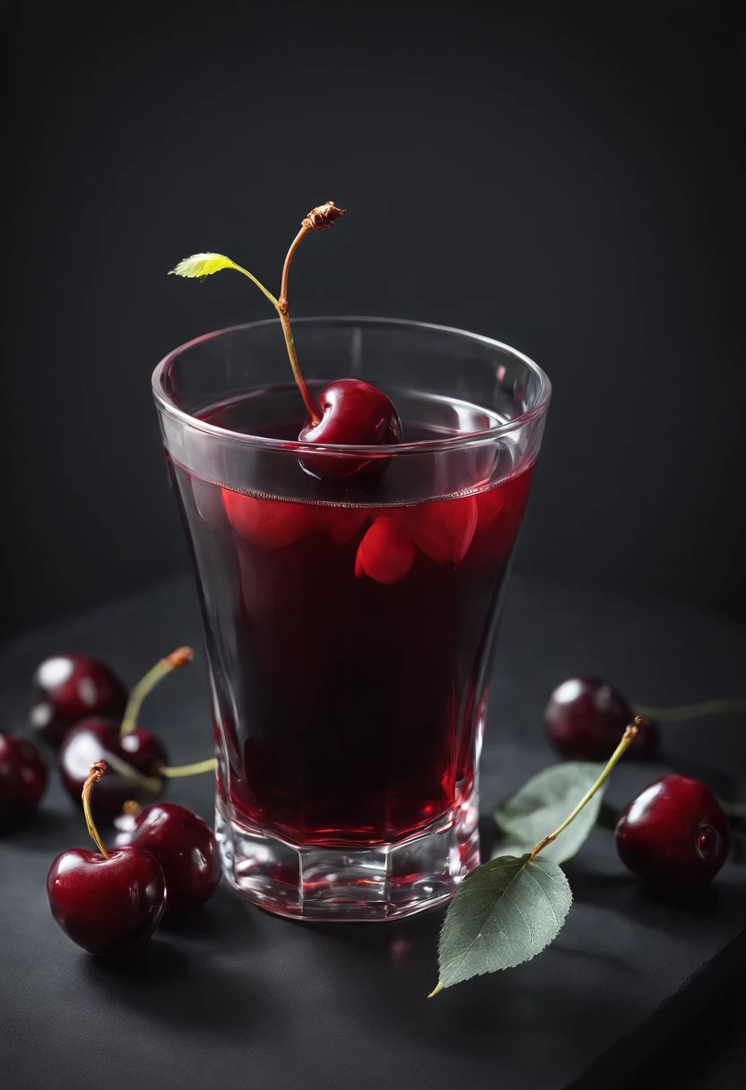 A glass of cherry juice with some cherry around it, very cool and fresh, add some leaves, in a cinematic sudio, realistic photography, winning photography awards, studio lighting, diffused lighting, super details in shadows, super details in the glass, work by best food photography in the world