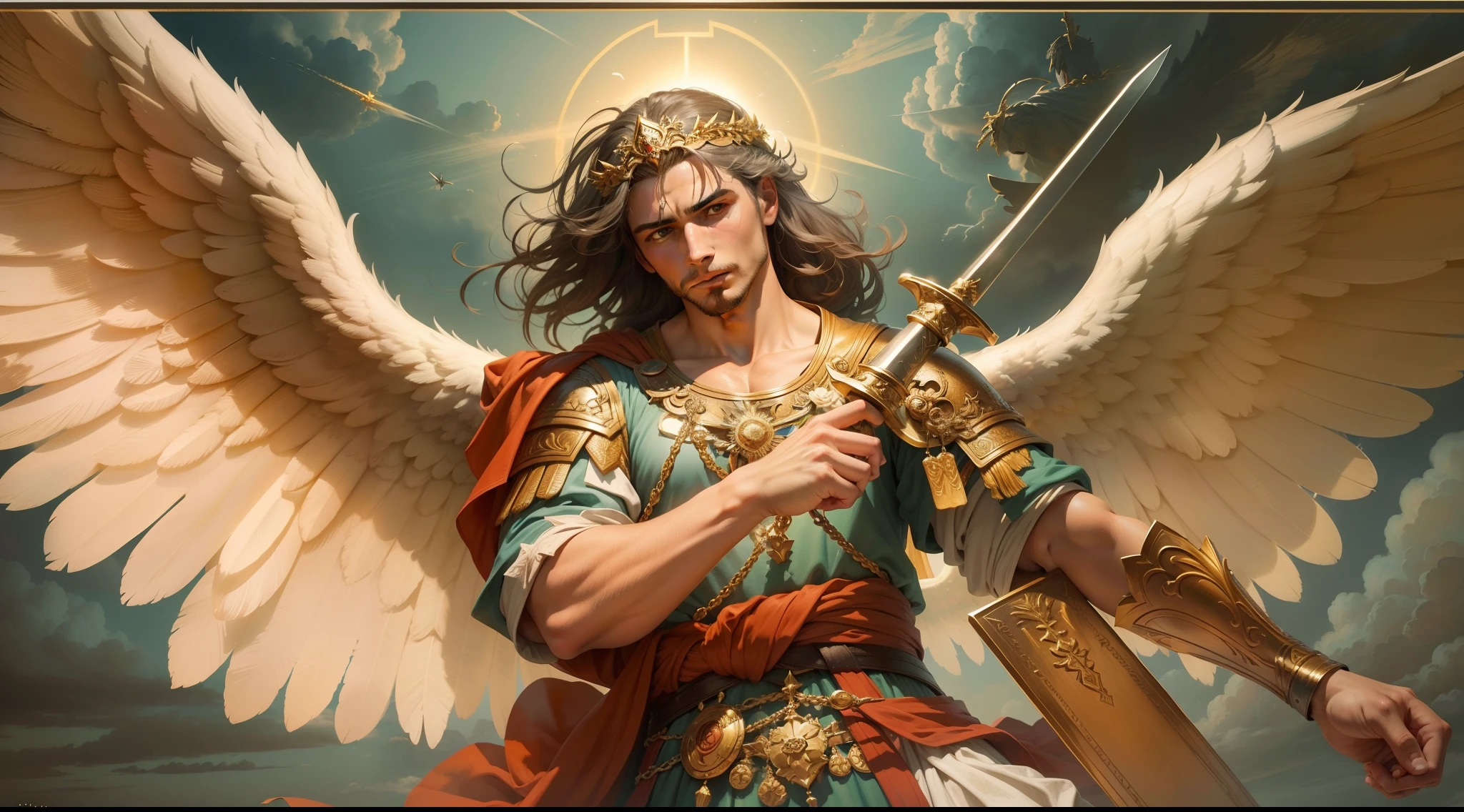 Closeup of an image a man angel with a large and long sword with attack position in right hand, in the other left hand holding a scale, Angel dressed as a Roman soldier looking at the ground, arcanjo homem com asas grandes, o anjo da fortuna, perfeito, Realistic, Biblical setting, Biblical Paradise Setting, sol e nuvens ultras realistas, flores e velas, illuminated archangel of heaven, flores coloridas, velas acesas, roupas brancas e vermelhas
