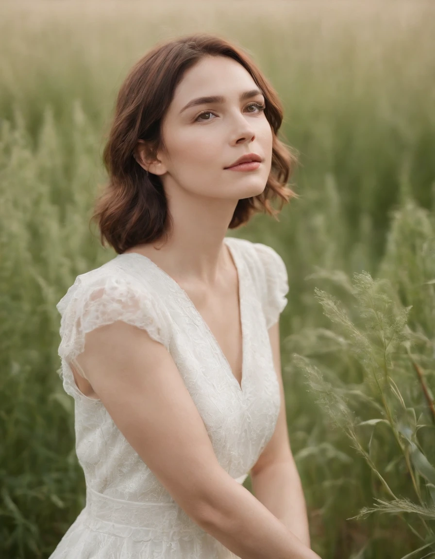 calm woman, Short wavy hair, White dress, enjoying nature, Surrounded by plants in the steppe, bokeh style, medium close-up on the head, Natural light, front sun, high-quality photo 、