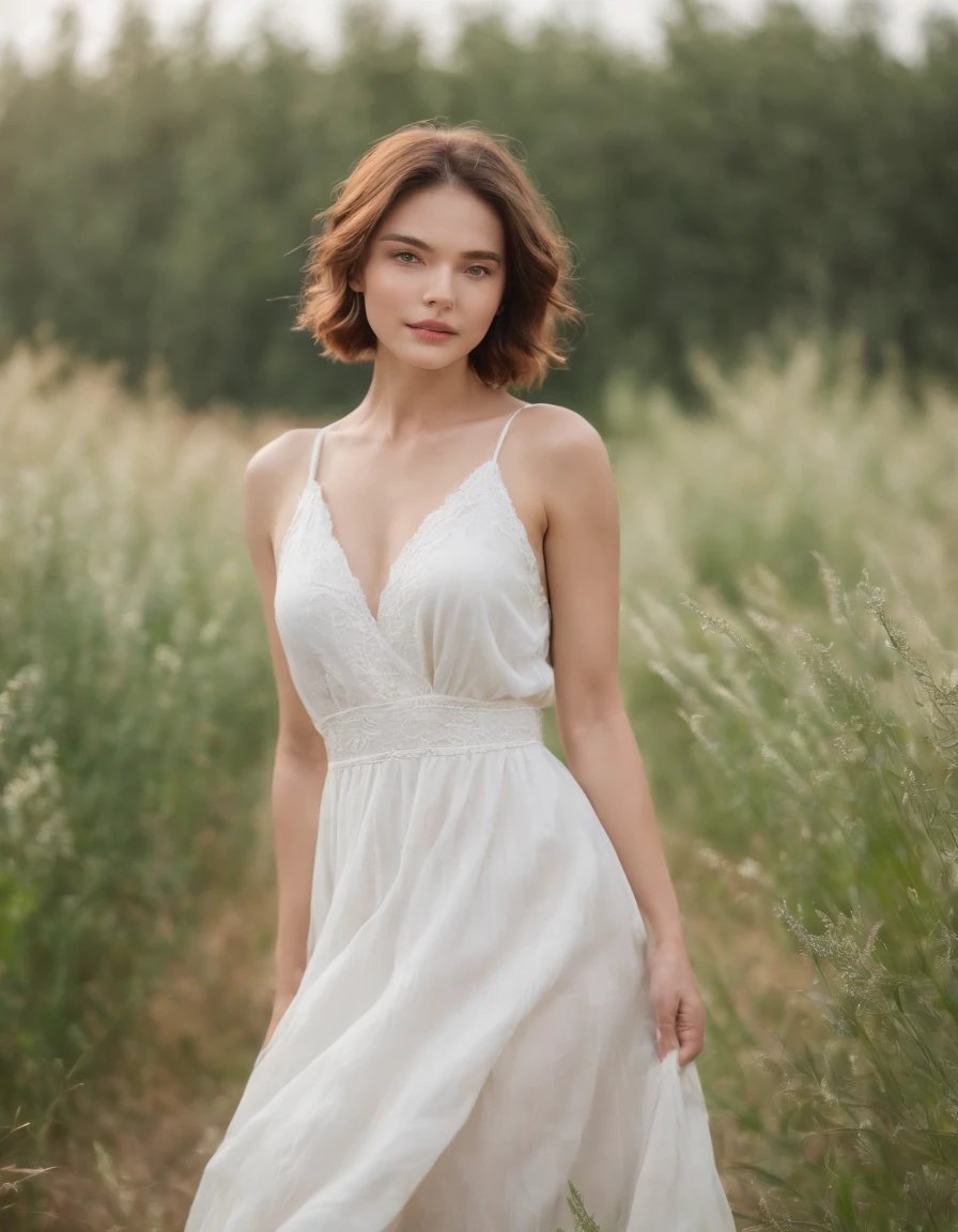 calm woman, Short wavy hair, White dress, enjoying nature, Surrounded by plants in the steppe, bokeh style, medium close-up on the head, Natural light, front sun, high-quality photo 、