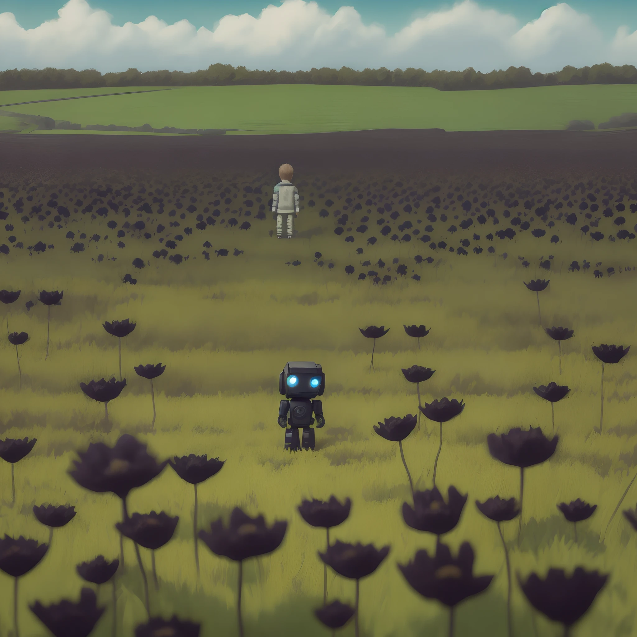 A  surrounded by a field of black flowers while in the background a war of robots and humans happens