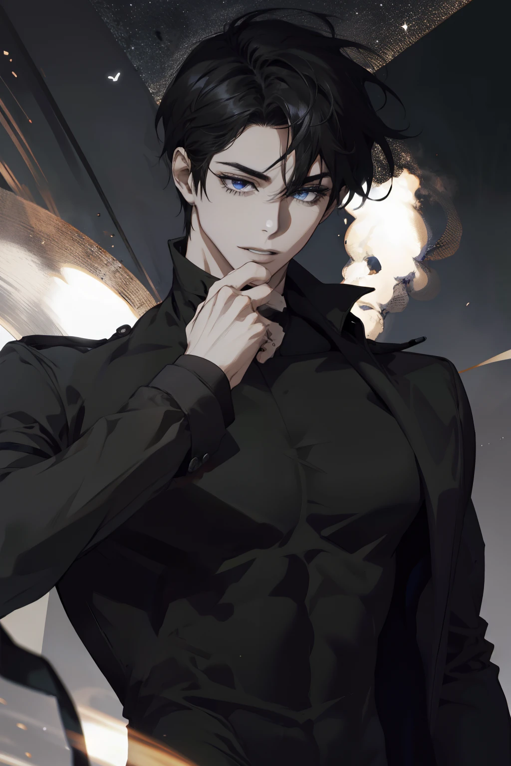 (absurdos, high resolusion, ultra detallado), 1 hombre, adulto, guapo, Hairless face, chico alto y musculoso, hombros anchos, ojos finamente detallados y rostro detallado, cabello de color ?????, ojos grises, fantasy, Magnificent background, trono, Magic effect, fuego