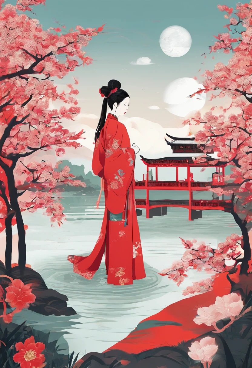 Summer solstice,Ichijo red,Traditional Chinese garden,A woman standing next to a flower in Hanfu,Landscape of people