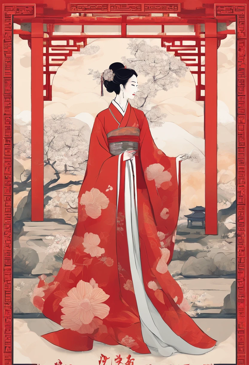 Summer solstice,Ichijo red,Traditional Chinese garden,A woman standing next to a flower in Hanfu,Landscape of people