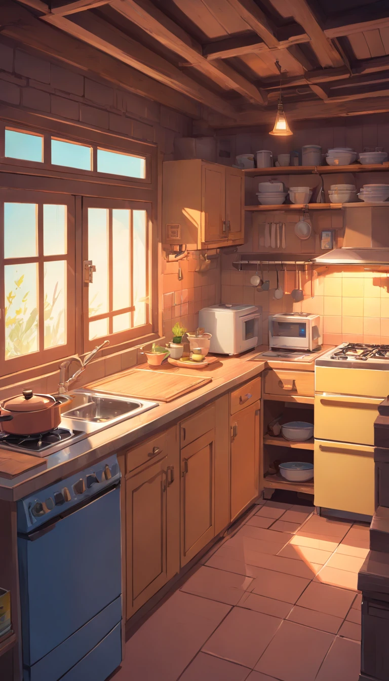 Isometric rendering of game art in the kitchen of a horror village house at dusk,rice cooker，refrigerator，microwave oven，cranny，Cabinet clearance,the detail， 4K， k hd， high high quality