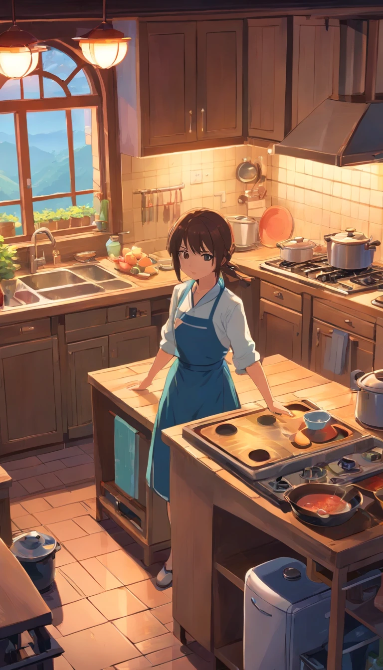 Isometric rendering of game art in the kitchen of a horror village house at dusk,rice cooker，refrigerator，microwave oven，cranny，Cabinet clearance,the detail， 4K， k hd， high high quality