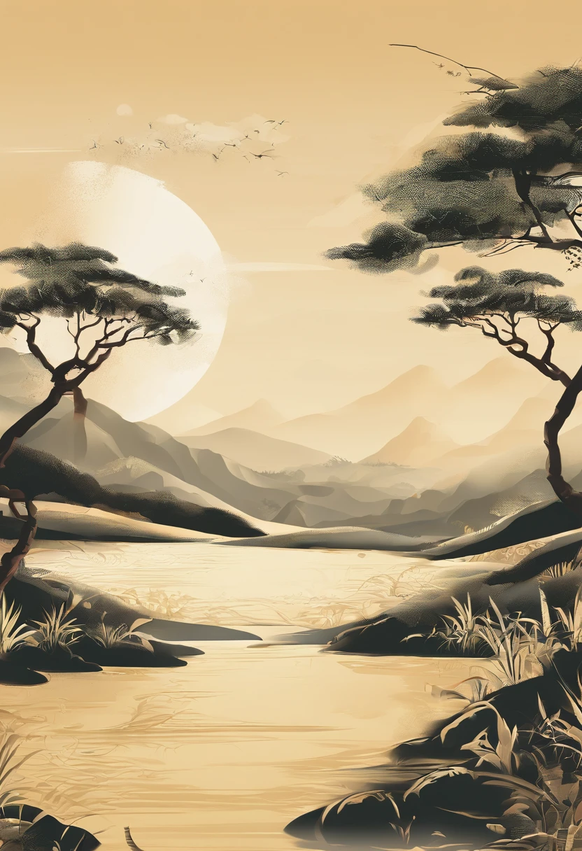 Light summer,Traditional Chinese solar terms,(((Lingxiaohua))),National style,Ink wind,solid color backdrop,parched,(((cricket))),Landscape view,Ink wind,solid color backdrop