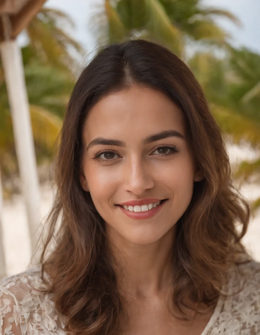 a woman smiling while standing under a gazebo on the beach, in the style of conceptual portraiture,Maldives, multicultural, sigma 85mm f/1.4 dg hsm art, spanish school, stark honesty, wood, suspended/hanging