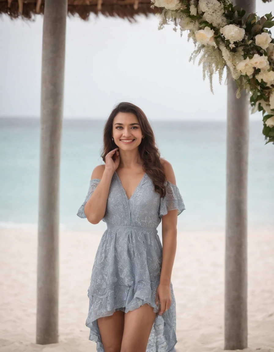 a woman smiling while standing under a gazebo on the beach, in the style of conceptual portraiture,Maldives, multicultural, sigma 85mm f/1.4 dg hsm art, spanish school, stark honesty, wood, suspended/hanging