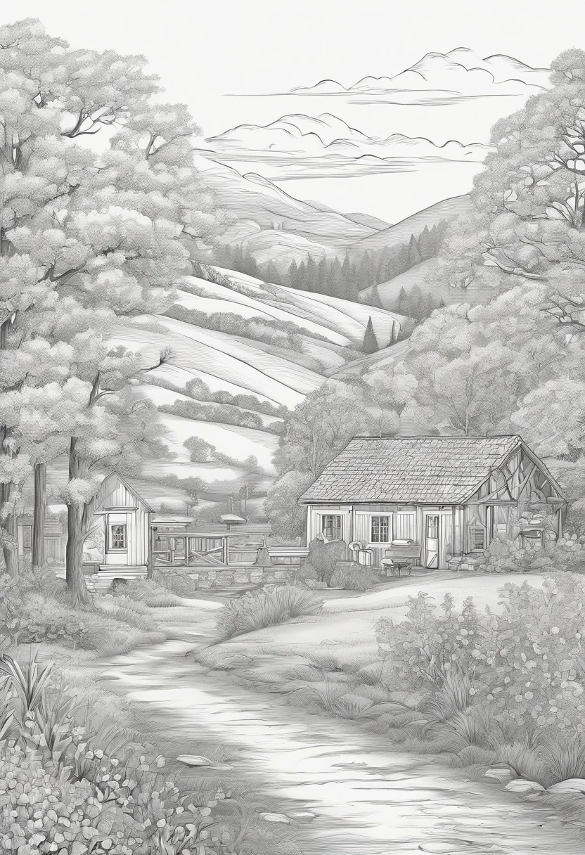 best quality,coloring page, a stunning lineart artwork of on the countryside, intricately detailed, (best shadow)