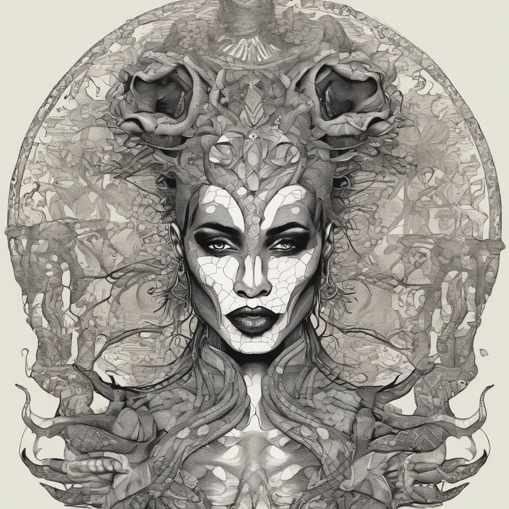 Medusa, hand drawn comic panel, candid, double exposure, silhouette, optical illusion,((art style "Sean Gordon Murphy" comic drawing, splash panel)), nyctophobia, full body portrait, snake skin dress, (body, Naga, snakefolk, lower body snake tail, snake woman hybrid, bald, hairless, skeleton, body drawn in Frederic Delavier musculature anatomical illustration art style, snake skin tattoos, piercing eyes, snake pupils), (face, ornate black metal corpse paint, resembles Grace Jones), craftsmanship nuance, full body portrait, (colors, forest green to earth brown, merge bleak muted deep fiery radiant glowing ROYGBIV), (background, pine barrens, entropy, rewilding, magic hour sunset with galaxy stars, cosmos), subliminal orchids, (horror, abstract, surreal, body, cosmic), (art style Gerardo Zaffino charcoal), unfinished,