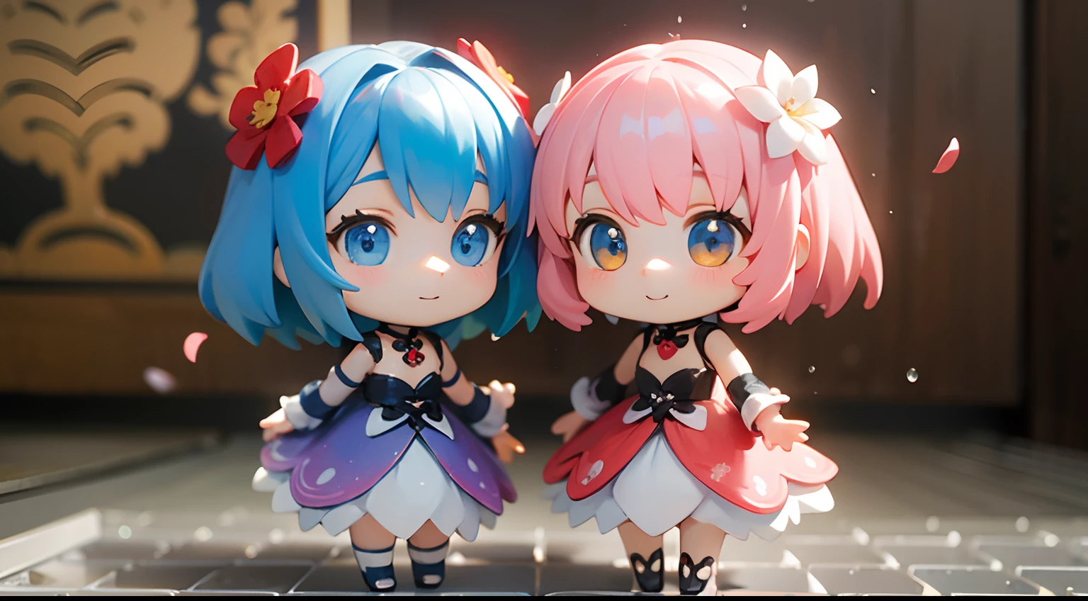 photoRealstic、Two dolls standing in front of the painting(nendroid)、A smile、Water droplets on the cheeks、Two people put their hands together to make a heart in a cute pose、watercolor Nendoroid、(High Definition Figure)、Flowing iridescent silk、up of face、Eye Up、Colorcon with heart pattern、Floral dress、There are also flowers in front of the nendroids、flower petals、season!!: 夏天☀ 🍂