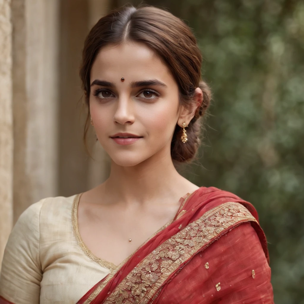 (best quality,highres:1.2),ultra-detailed,photorealistic,Emma Watson,Indian Saree,beautiful detailed eyes,beautiful detailed lips,shy expression,cute smile,full body,extra detailed slim figure,detailed hands,extra detailed hand fingers,smooth light,back pose,face towards camera