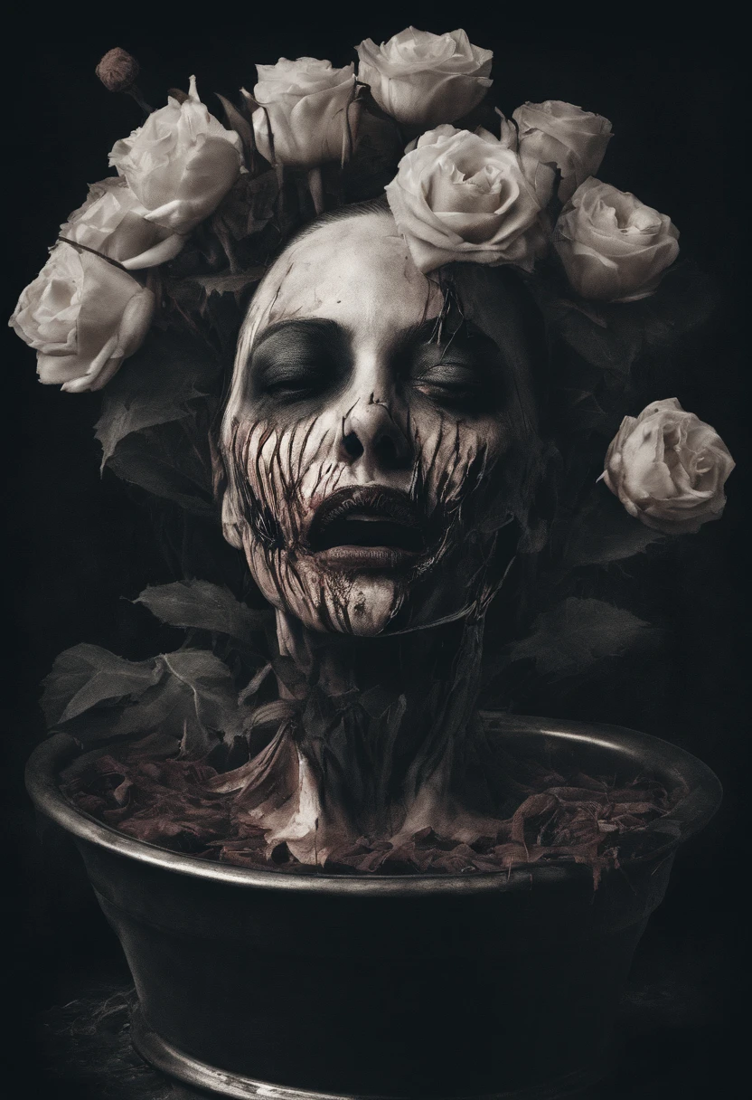 scary picture,Woman's head in a flower pot,No eyeballs,open open mouth,bleed,nigth