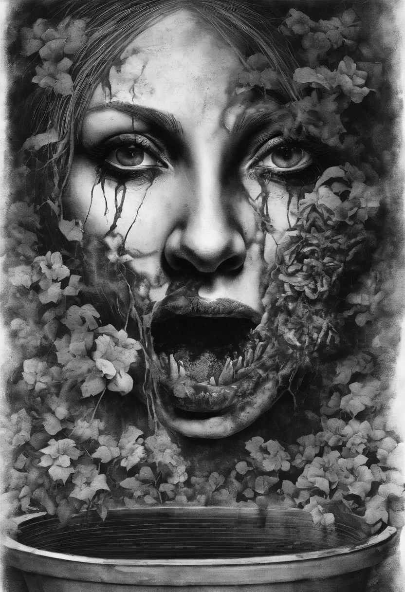 scary picture,Woman's head in a flower pot,No eyeballs,open open mouth,bleed,nigth