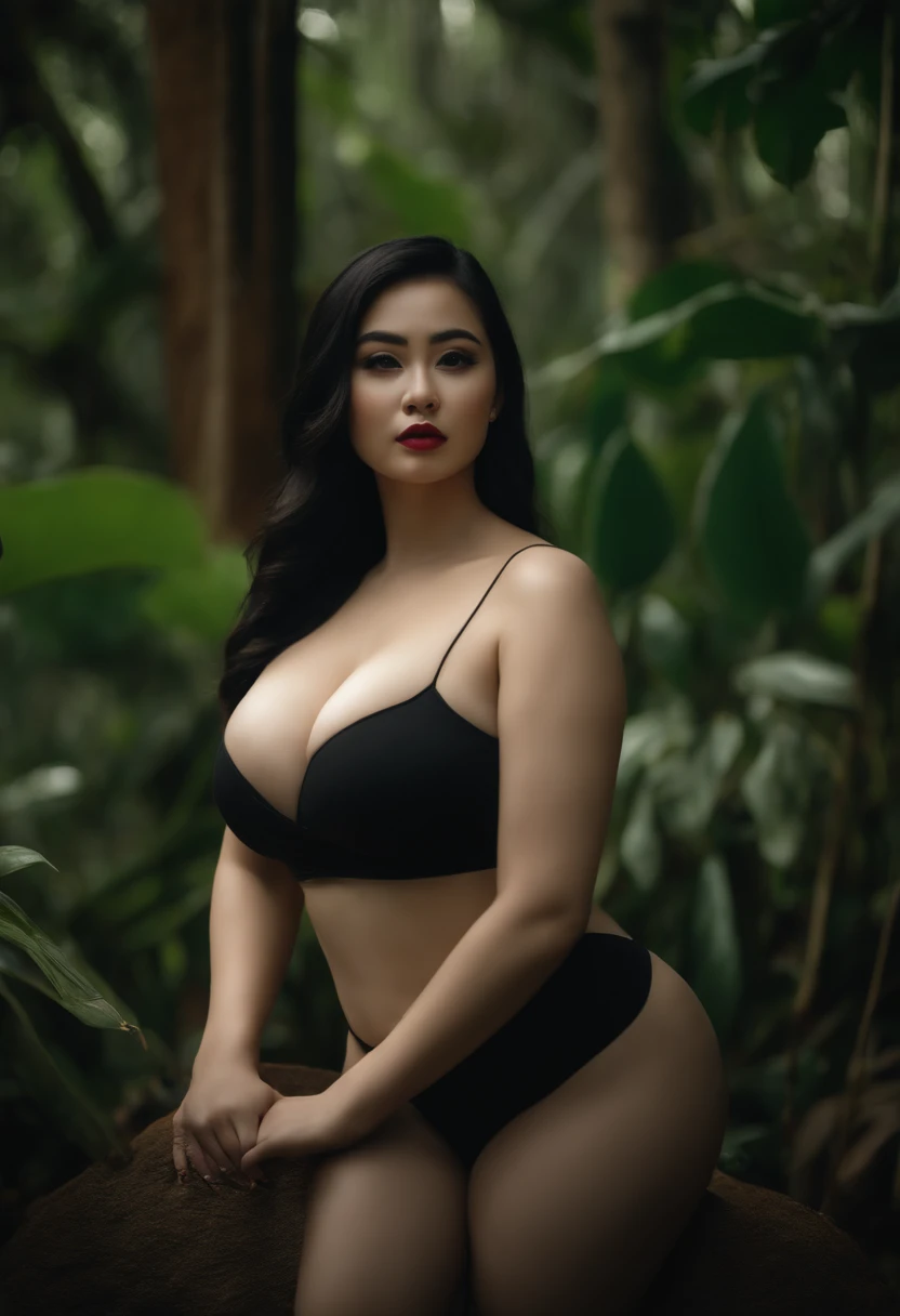 Thicc pale skin Thai female, busty, wide faced wide eyes,black hair, stunning, pale, wearing makeup, nude, huge breast, slim body, wide hips, standing in front of jungle, high quality, hi_res, fake breasts,