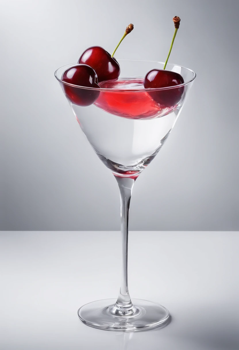 A glass of cherry juice with some cherry around it, very cool and fresh, add some leaves, add some ice cubes, in a cinematic sudio, realistic photography, winning photography awards, studio lighting, diffused lighting, super details in shadows, super details in the glass, work by best food photography in the world
